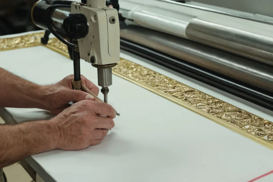 Tufting gun at work on stretched white backing cloth with a gold ornamental pile band partially completed