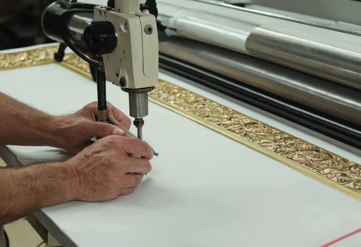 Tufting gun at work on stretched white backing cloth with a gold ornamental pile band partially completed