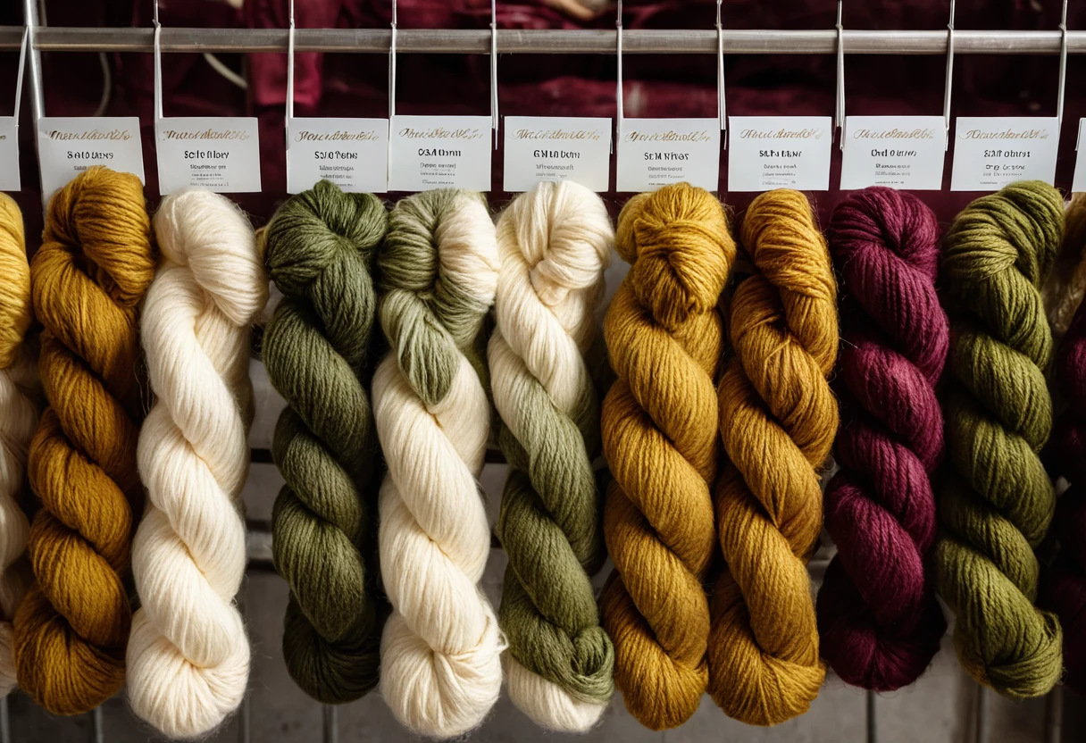 Freshly dyed wool yarn skeins in a graded palette hanging to dry in a textile dye house