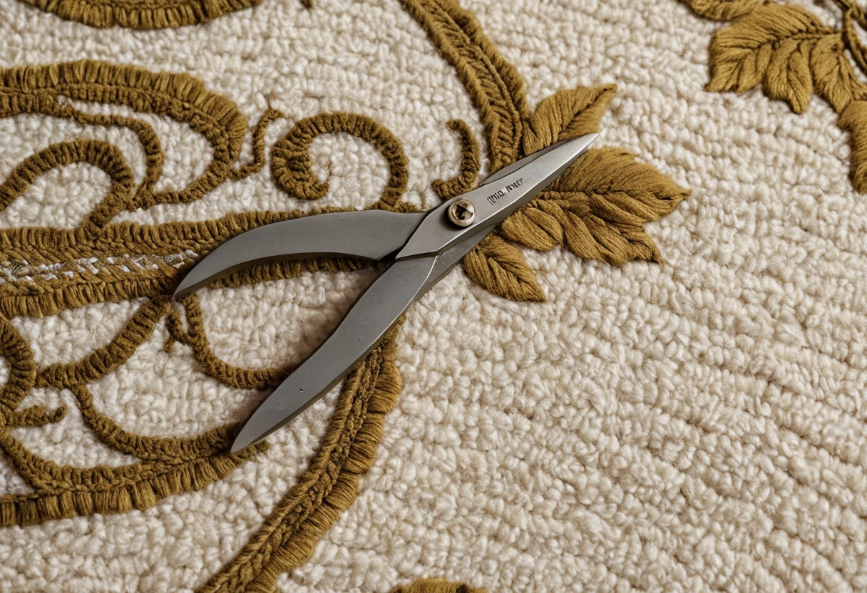 Carving shears cutting fine relief grooves along the motif edges of a freshly sheared hand-tufted rug